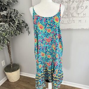 Qearal Dress Womens XXL Blue Floral Boho Sleeveless Midi Ruffle Hem Sundress